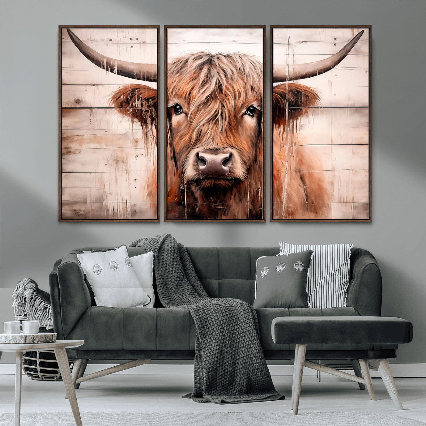 MGV-FC-48X32-3P - Vintage Scottish Highland Cow Cattle Art Print Farmhouse Wall Art Canvas Print