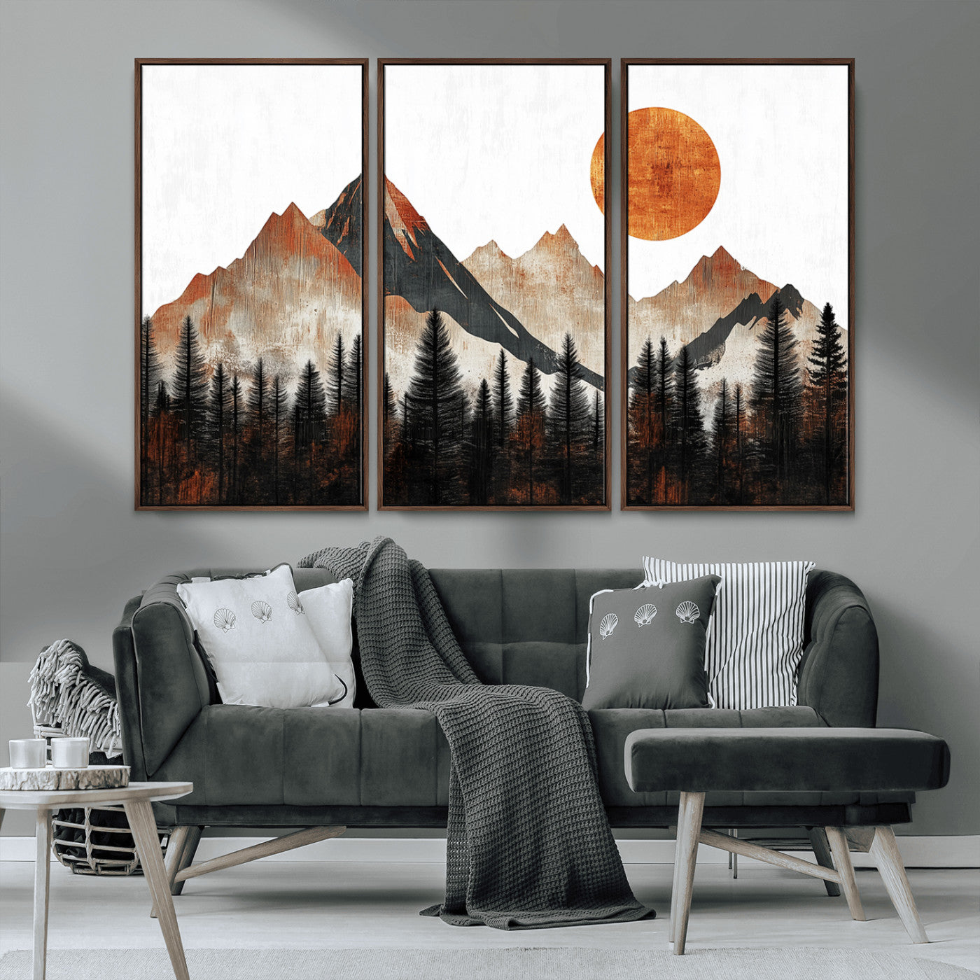 MGV-FC-48X32-3P - Modern Abstract Mountain Canvas Wall Art Print, Abstract Landscape Print, Rustic Sun and Mountains