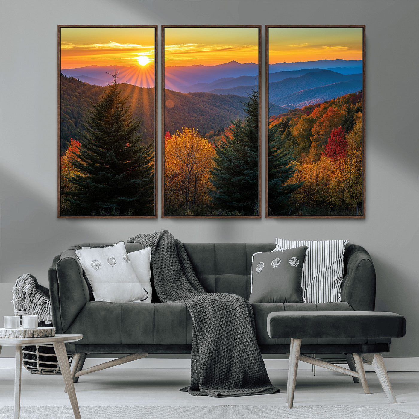 MGV-FC-48X32-3P - Golden Sunset Over Mountain Forest Canvas Wall Art Print - Warm Nature-Inspired Landscape for Living