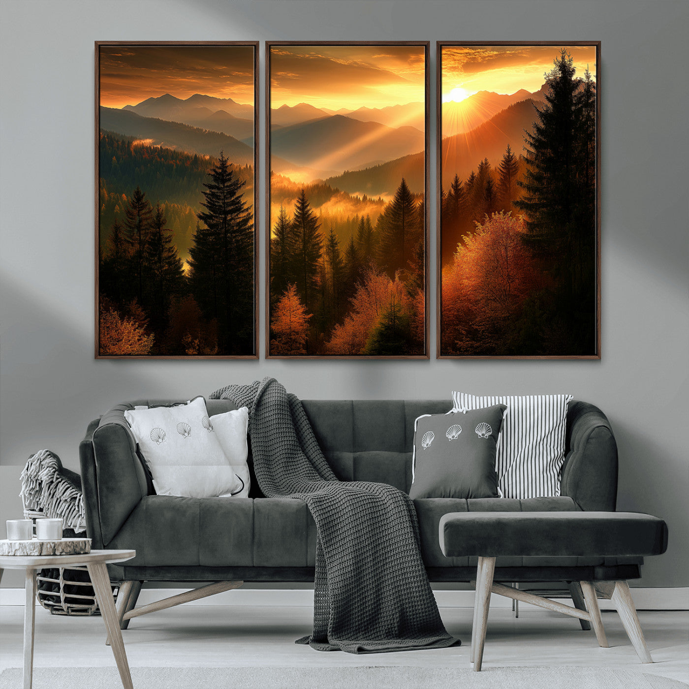 MGV-FC-48X32-3P - Golden Sunset Over Mountain Forest Canvas Wall Art Print - Warm Nature Landscape Print