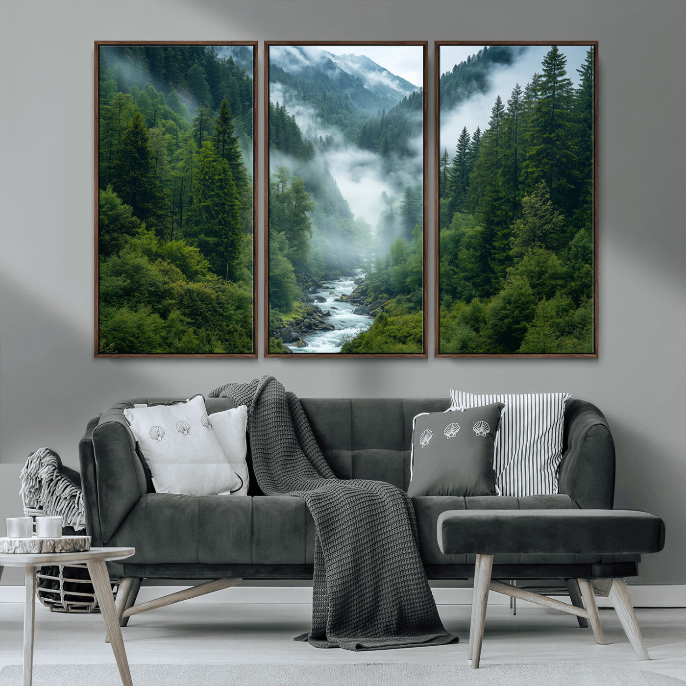MGV-FC-48X32-3P - Mountain Forest River Canvas Wall Art Print - Serene Nature Landscape for Living Room, Office, or