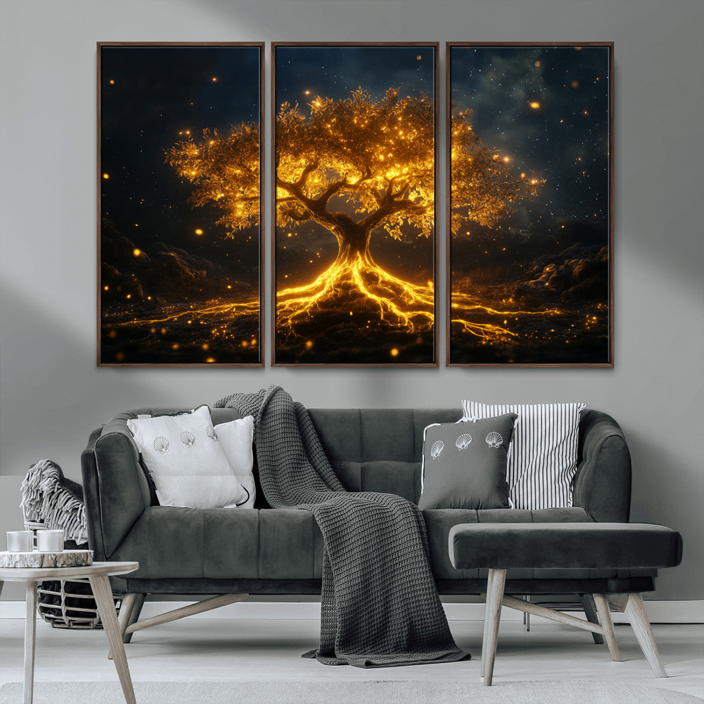 MGV-FC-48X32-3P - Golden Tree of Life Canvas Wall Art Print - Majestic Glowing Tree Design for Living Room, Office, or