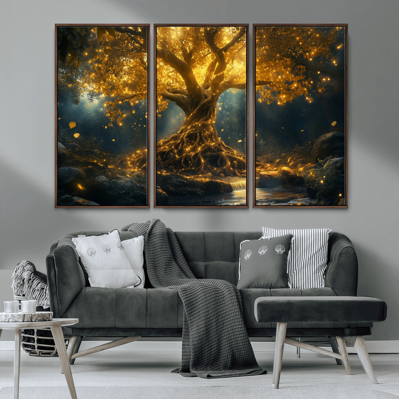 MGV-FC-48X32-3P - Golden Tree of Life Canvas Wall Art Print - Majestic Glowing Tree Wall Art Print