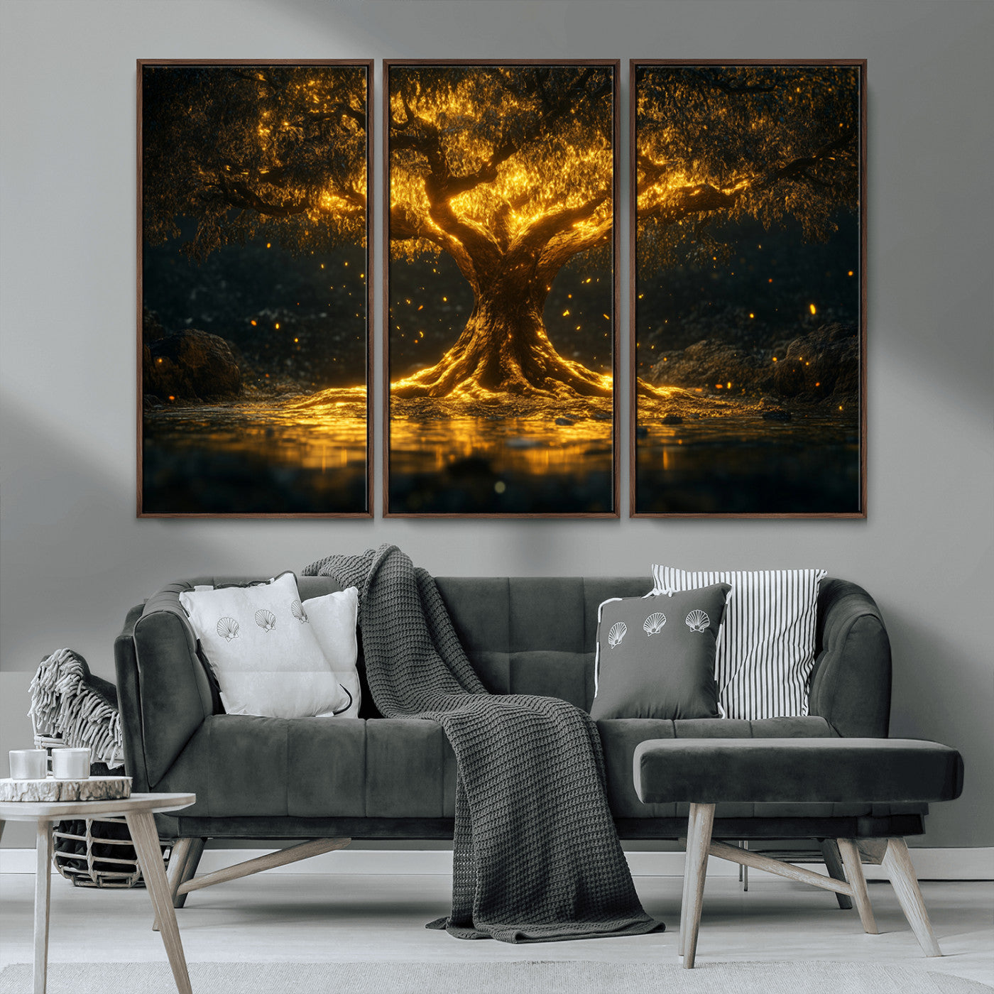 MGV-FC-48X32-3P - Golden Tree of Life Canvas Wall Art Print - Majestic Glowing Tree Wall Art Print