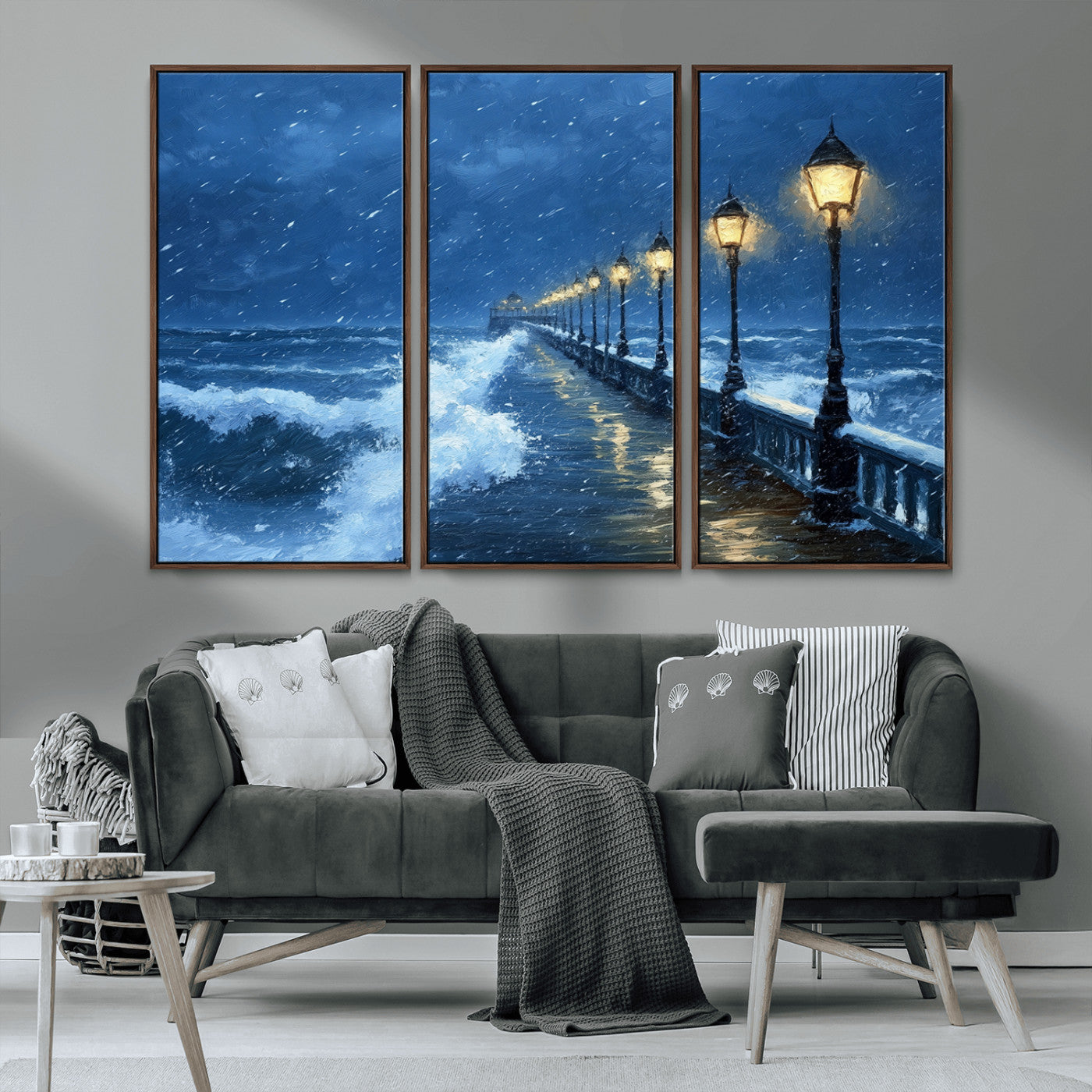 MGV-FC-48X32-3P - Stormy Ocean Pier Lights Canvas Wall Art Print - Large Moody Night Scene for Living Room, or Office,