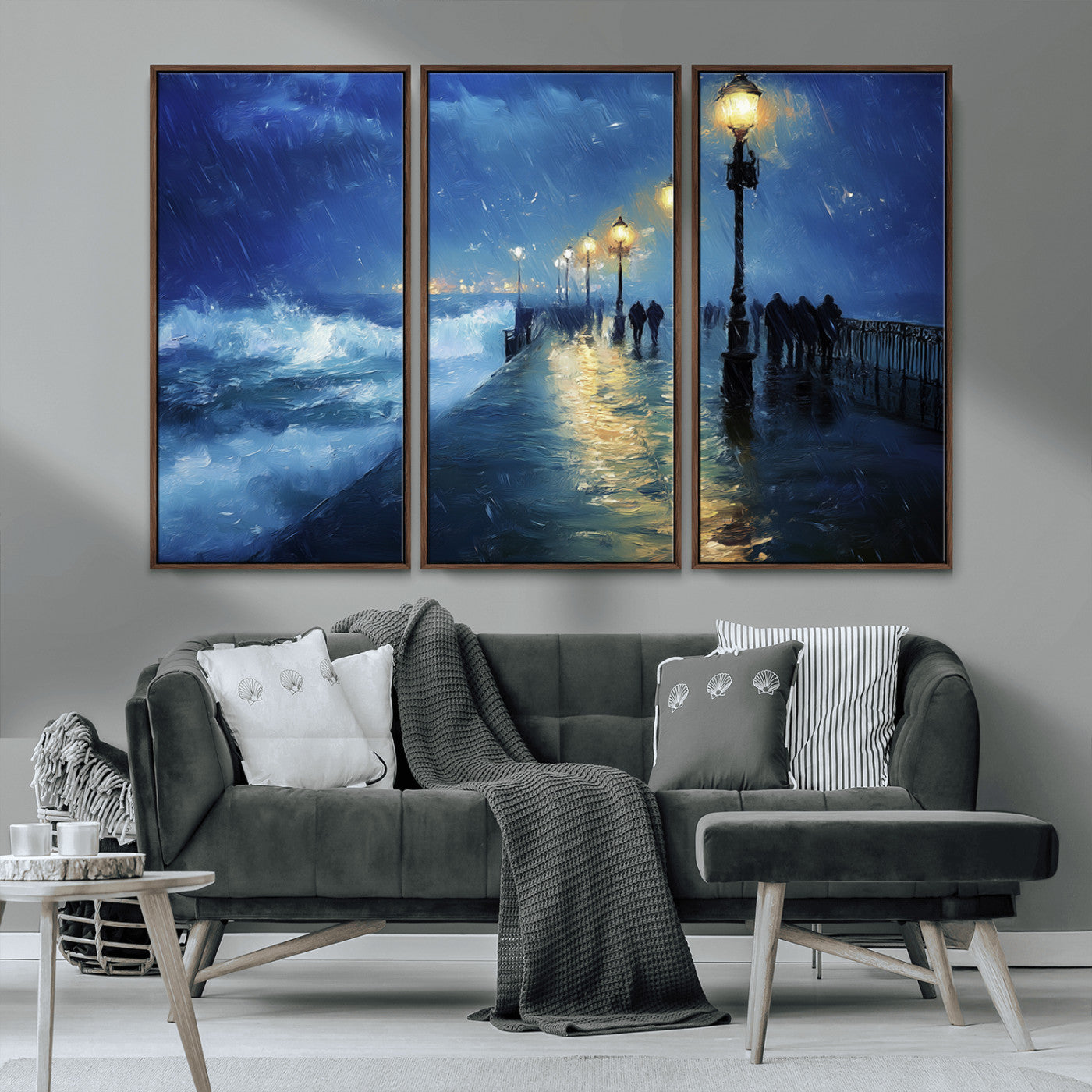 MGV-FC-48X32-3P - Abstract Stormy Ocean Pier Canvas Wall Art Print | Stormy Ocean Art | Large Moody Night Scene Print,