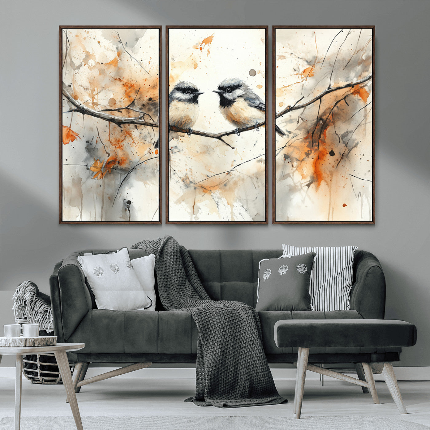 MGV-FC-48X32-3P - Abstract Watercolor Chickadee Bird Canvas Wall Art Print - Large Bird and Branch Wall Art, Modern