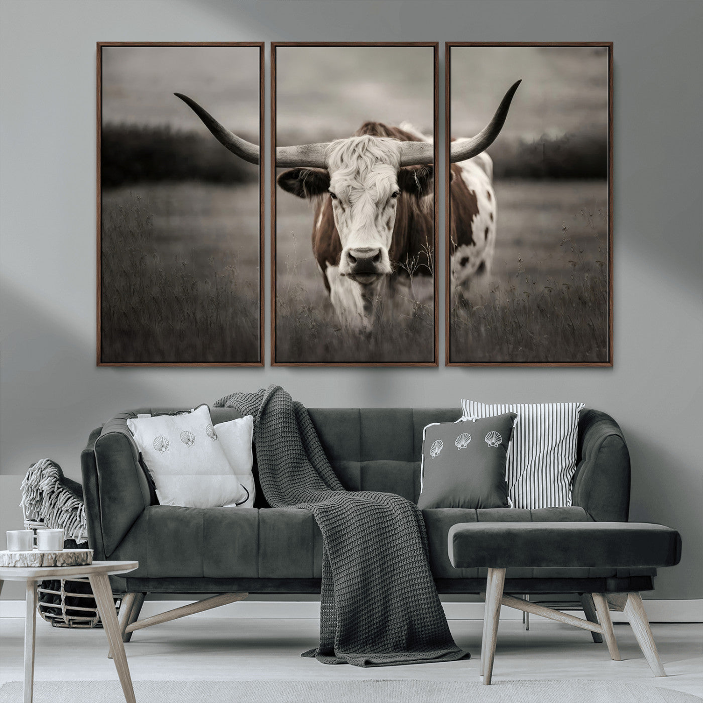 MGV-FC-48X32-3P - Texas Longhorn Cow Canvas Wall Art Print - Large Rustic Longhorn Art for Living Room, Western Wall