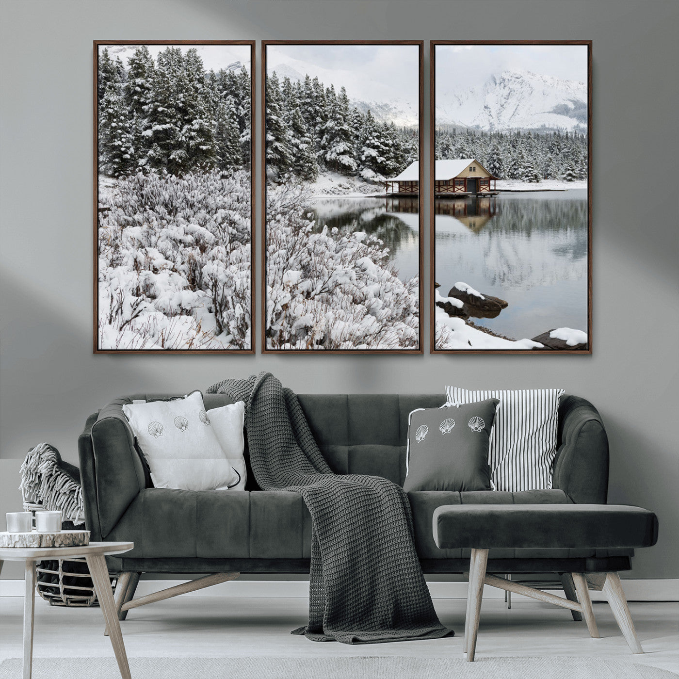 MGV-FC-48X32-3P - Winter Wall Art - Cabin by the Lake Canvas Wall Art - Serene Snowy Landscape with Mountain View,
