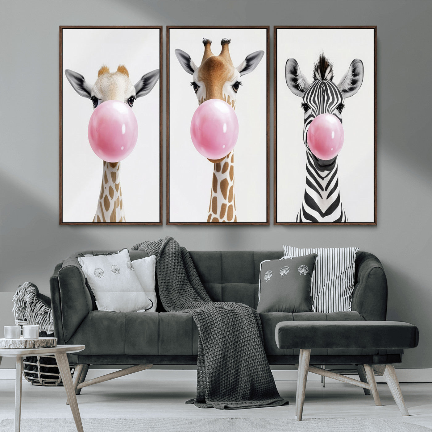 MGV-FC-48X32-3P - Bubblegum Animals Canvas Wall Art - Playful Giraffe and Zebra Trio, Fun Nursery Decor for Kids'