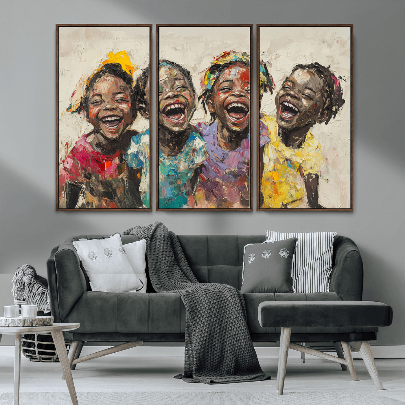 MGV-FC-48X32-3P - Shai Yossef style Joyful Childhood Canvas Wall Art - Expressive Impasto Painting of Black Children