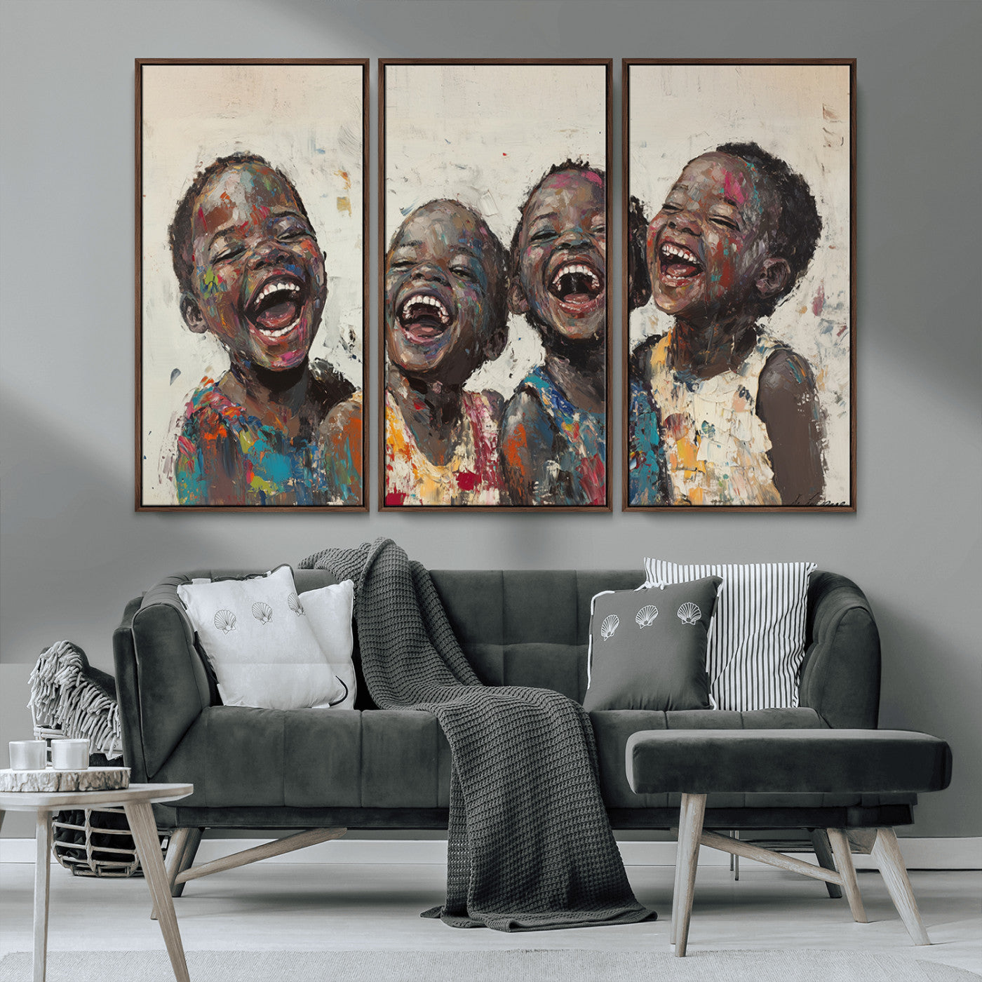 85256-MGV-FC-48X32-3P_Walnut-Shai Yossef Print - Joyful Childhood Canvas Wall Art - Expressive Impasto Painting of Laughing