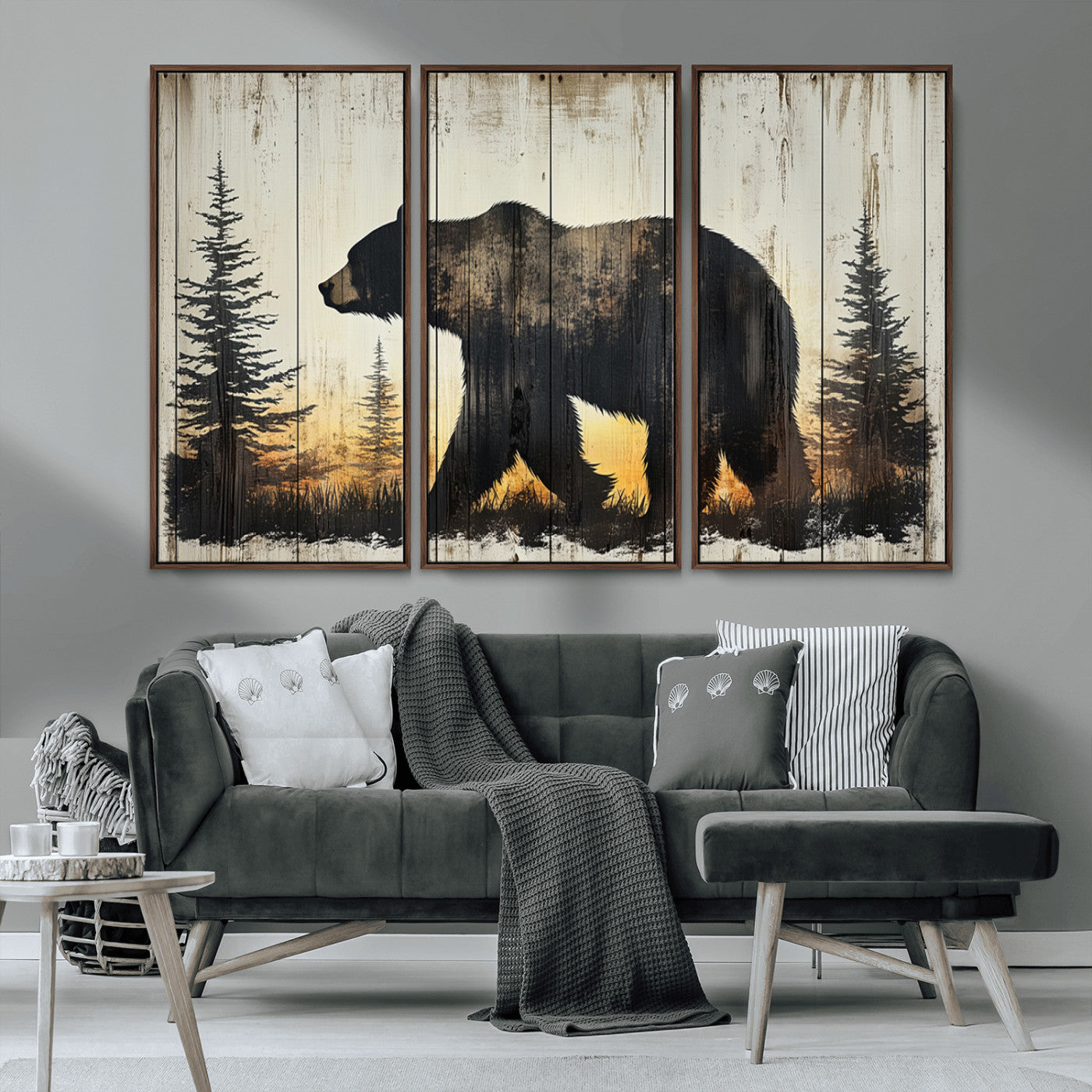 83875-MGV-CV-36X24-Vintage Bear Wall Art Canvas Print for Farmhouse - Mountain Wood Canvas Wall Art - Forest Silhouette