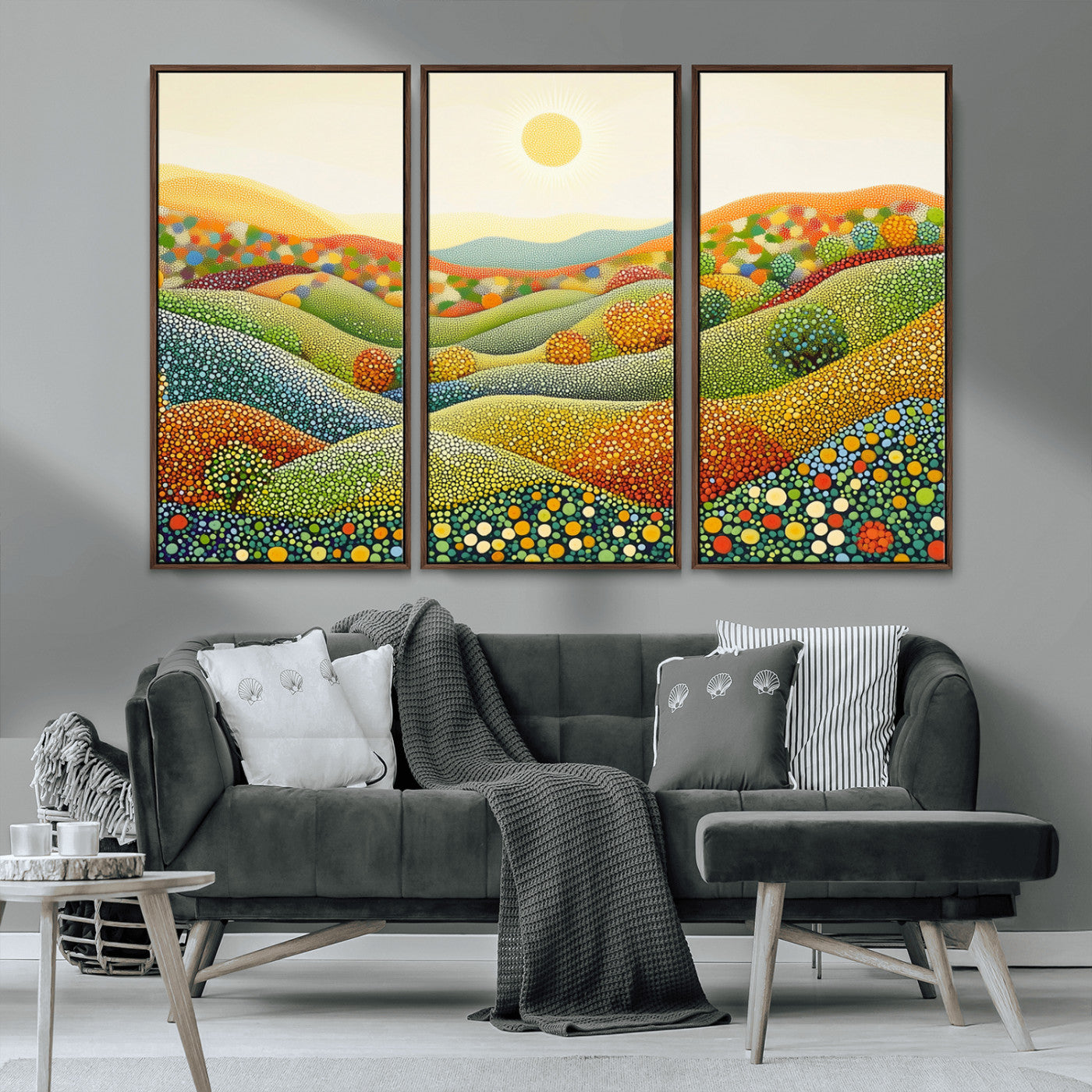 MGV-FC-48X32-3P - YAYOI KUSAMA Colorful Dot Art Landscape Canvas - Framed Abstract Pointillism Inspired by Nature with