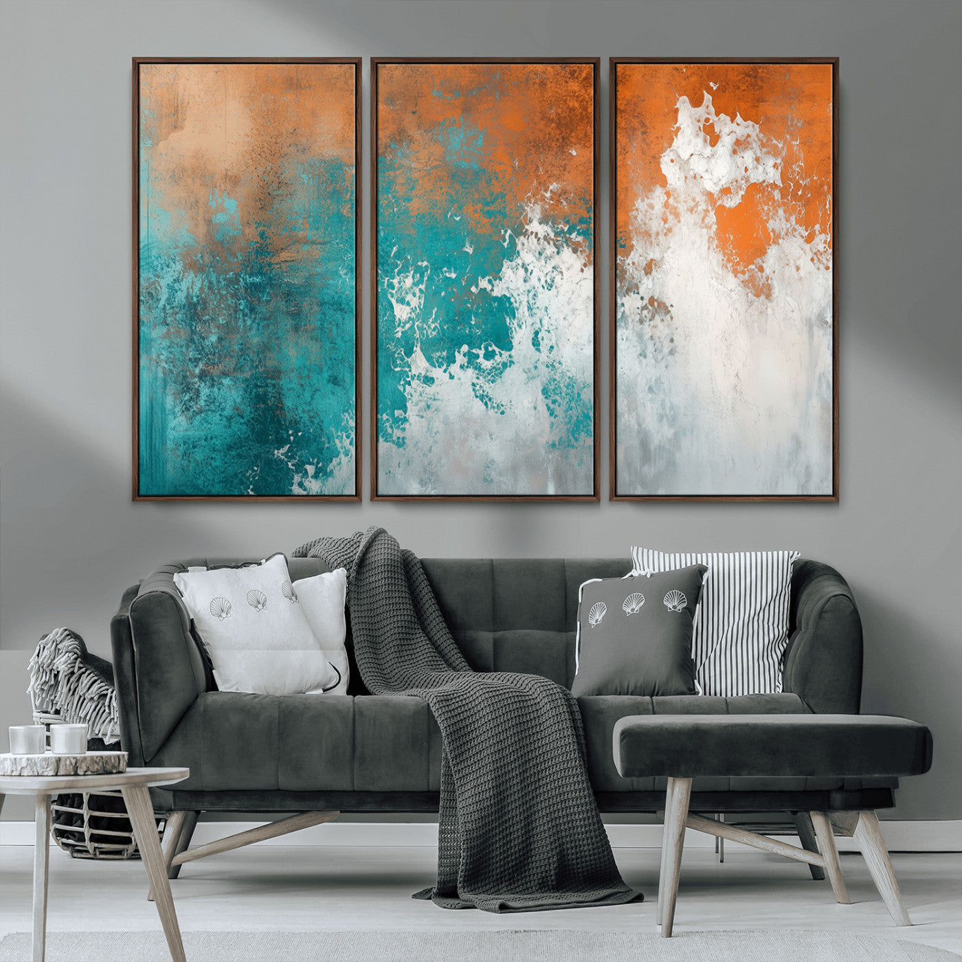 MGV-FC-48X32-3P - Vintage Abstract Print - Bold Teal and Orange Canvas Wall Art - Retro-Vintage Abstract Orange Canvas