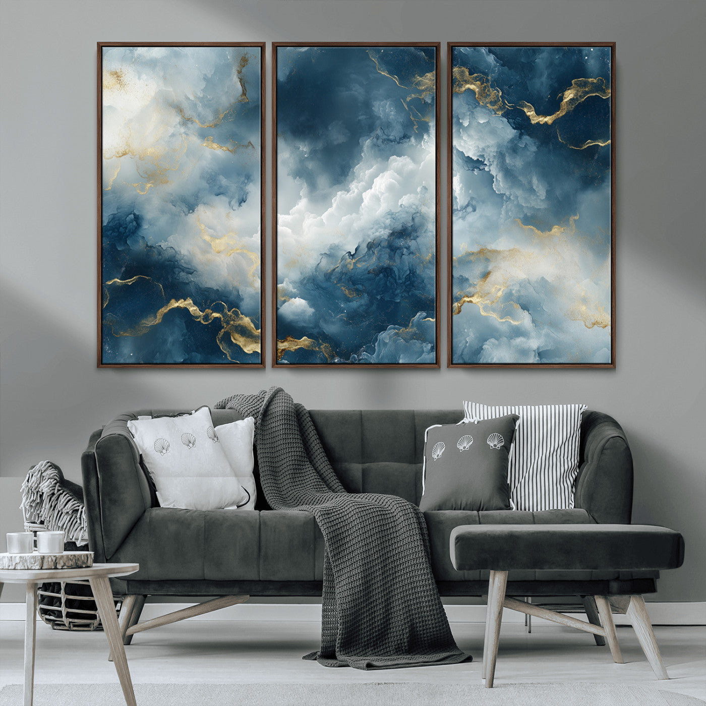 MGV-FC-48X32-3P - Large Abstract Print - Luxe Blue and Gold Abstract Canvas Wall Art - Bold Cloudscape Canvas for