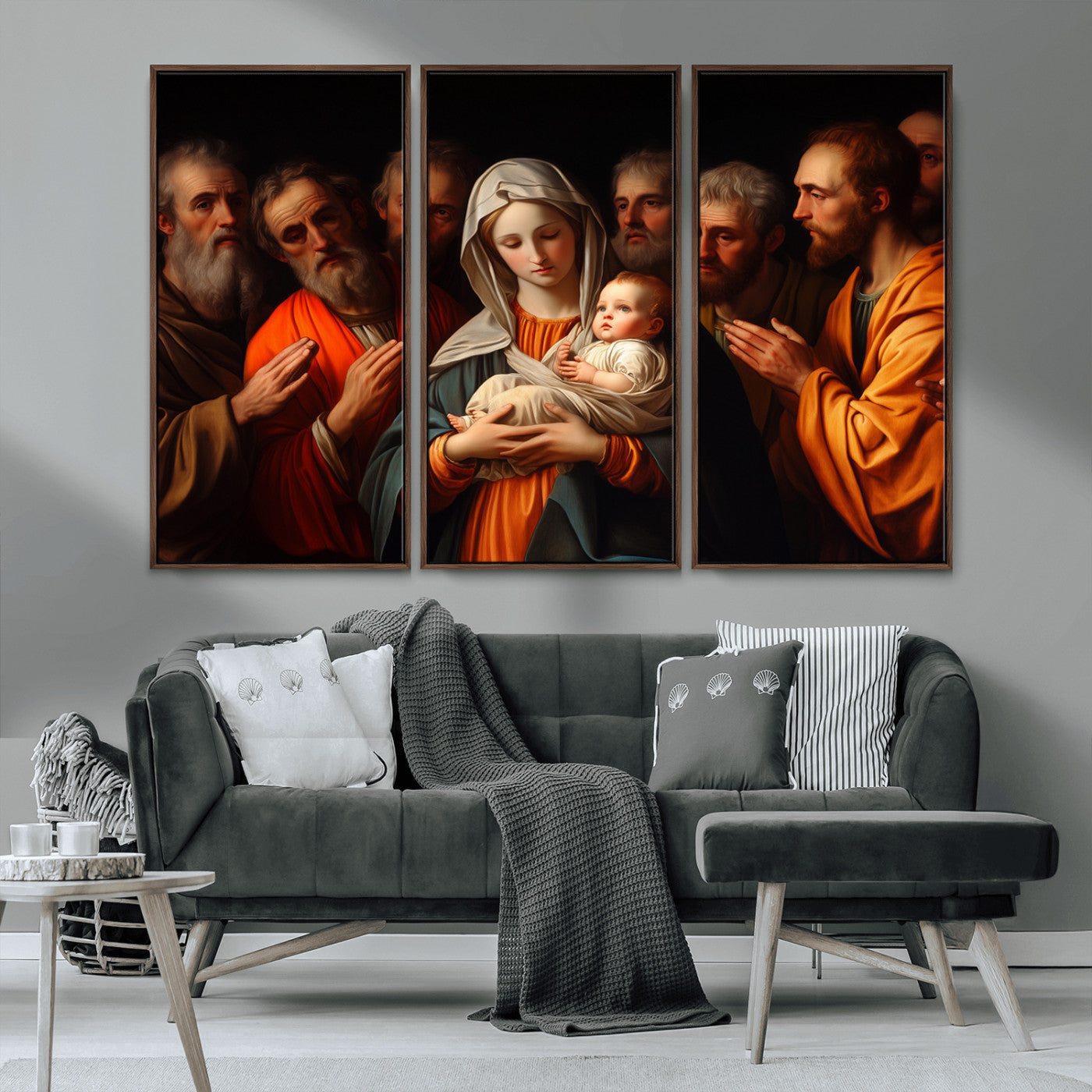 MGV-FC-48X32-3P - Religious Canvas Wall Art Print - Madonna and Child with Apostles Art Print - Classic Christian