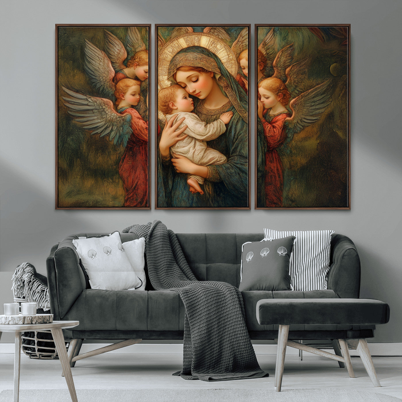 MGV-FC-48X32-3P - Mary Jesus Canvas Wall Art Print - Madonna and Child with Angels Art Print - Classic Christian