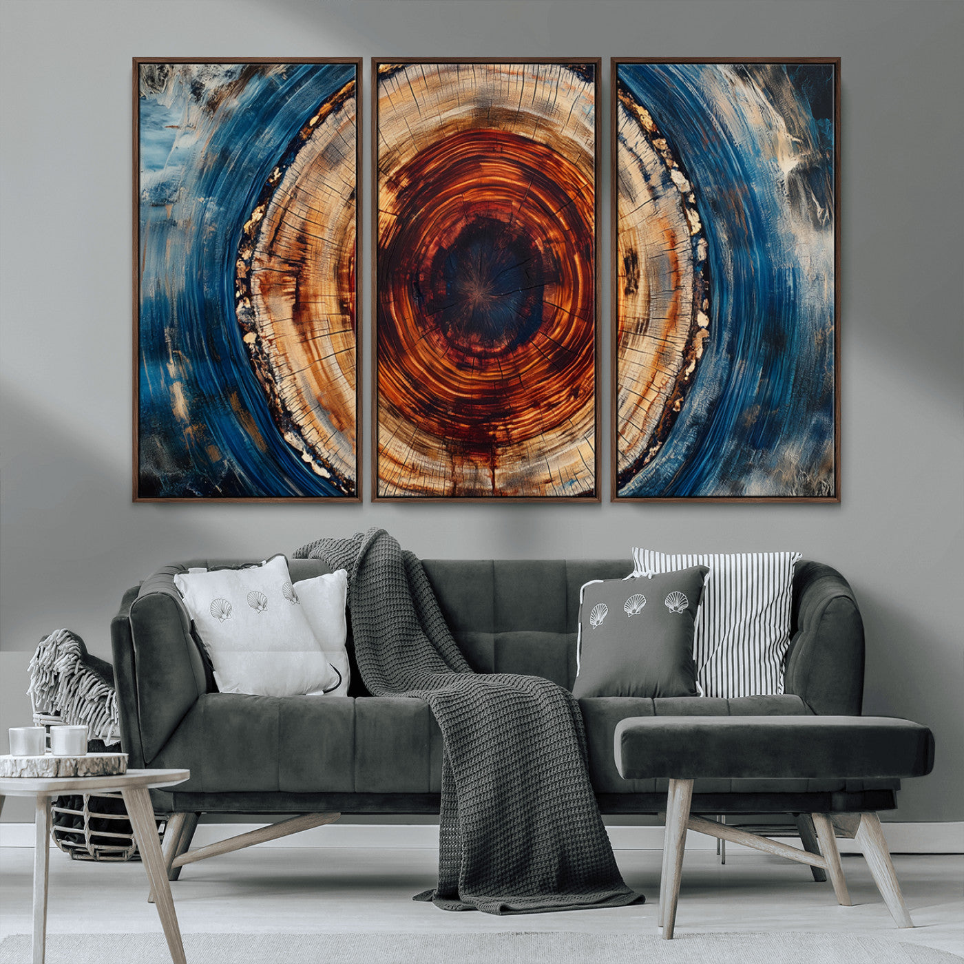 MGV-FC-48X32-3P - Abstract Framed Tree Rings Wall Decor, Wood Grain Rings Artwork Print, Nature Woodland Modern Wall