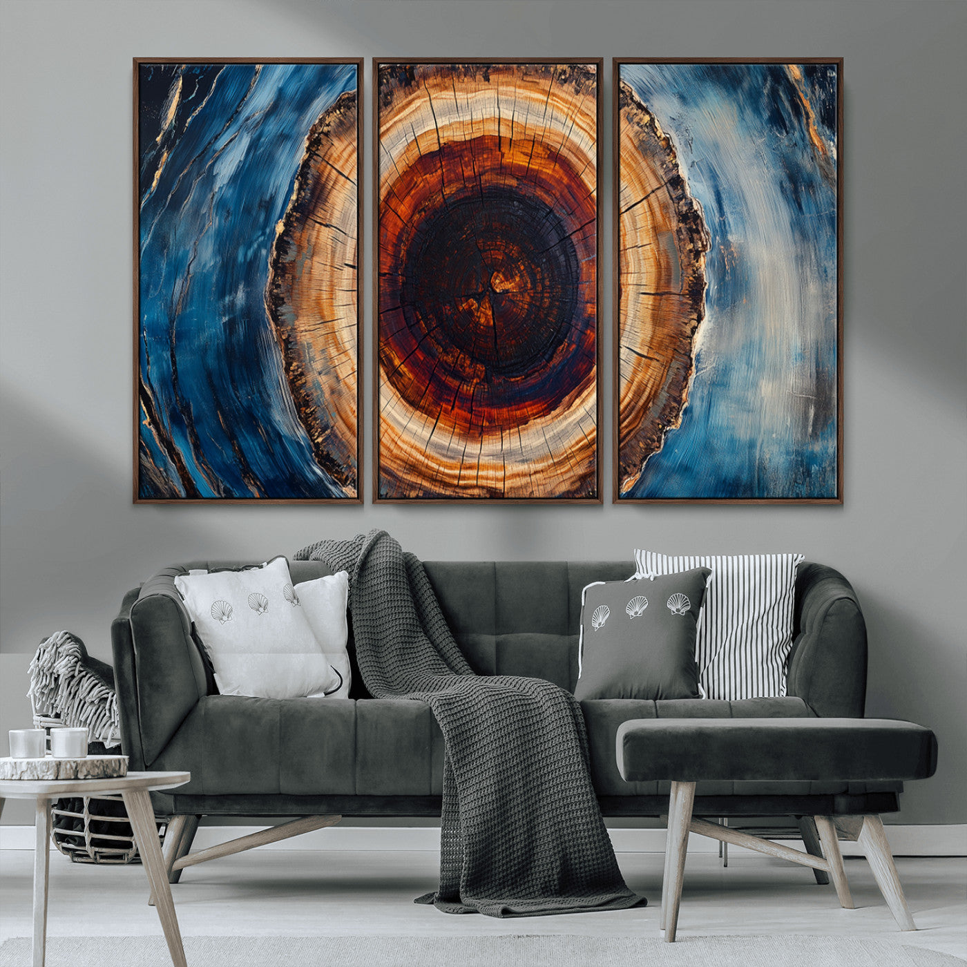 MGV-FC-48X32-3P - Framed Abstract Tree Ring Wall Art Print, Natural Rustic Wood Texture Canvas Print, Wood Tree Stump