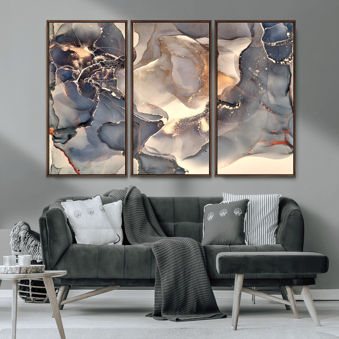 MGV-FC-48X32-3P - Abstract Blue and Gold Wall Art - Fluid Ink Artwork - Modern Luxury Wall Decor for Contemporary