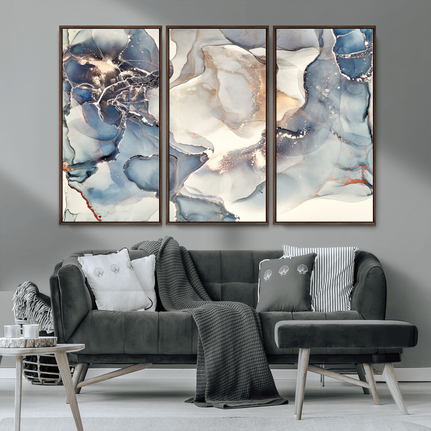 MGV-FC-48X32-3P - Abstract Blue and Gold Canvas Wall Art - Fluid Modern Ink Artwork - Modern Luxury Wall Decor for