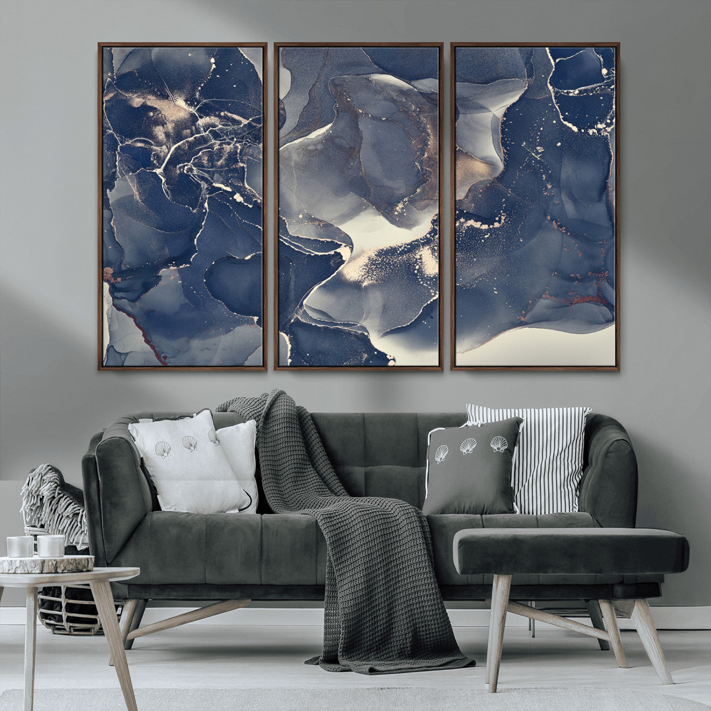 MGV-FC-48X32-3P - Large Abstract Blue and Gold Canvas Wall Art | Fluid Ink Artwork Print | Luxury Wall Decor for