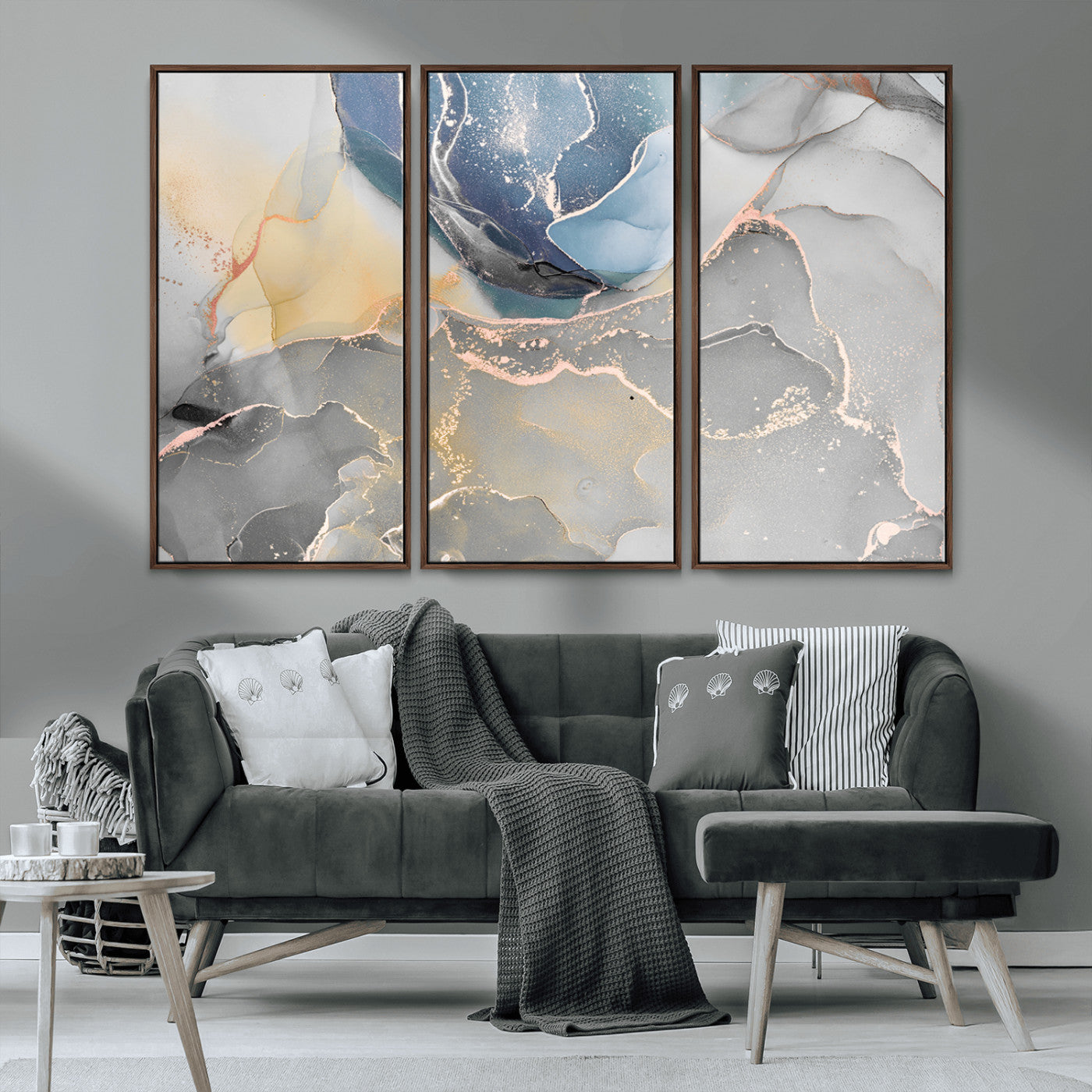 MGV-FC-48X32-3P - Large Abstract Blue and Gold Canvas Wall Art | Fluid Ink Artwork Print | Luxury Wall Decor for