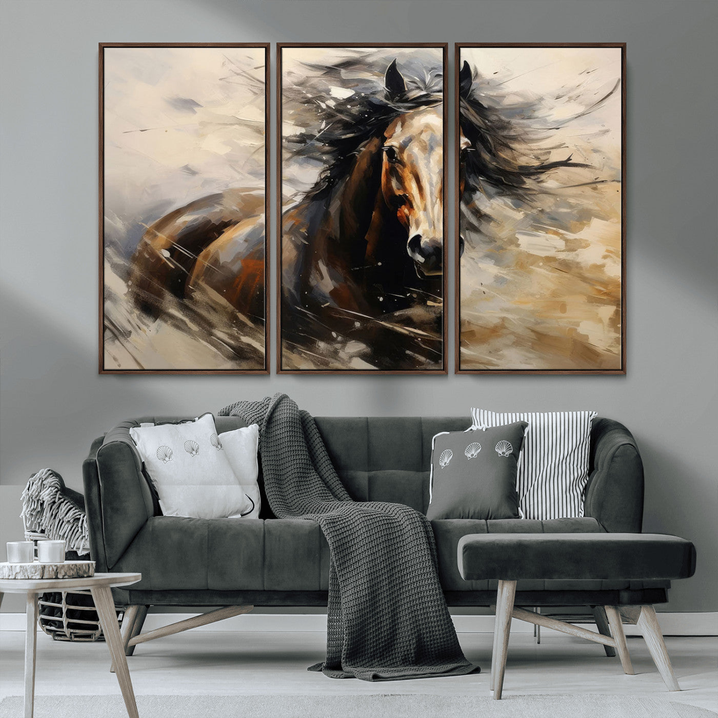 MGV-FC-48X32-3P - Abstract Wall Art Horse Print - Large Western Horse Canvas - Farmhouse Woodland Wall Art - Framed