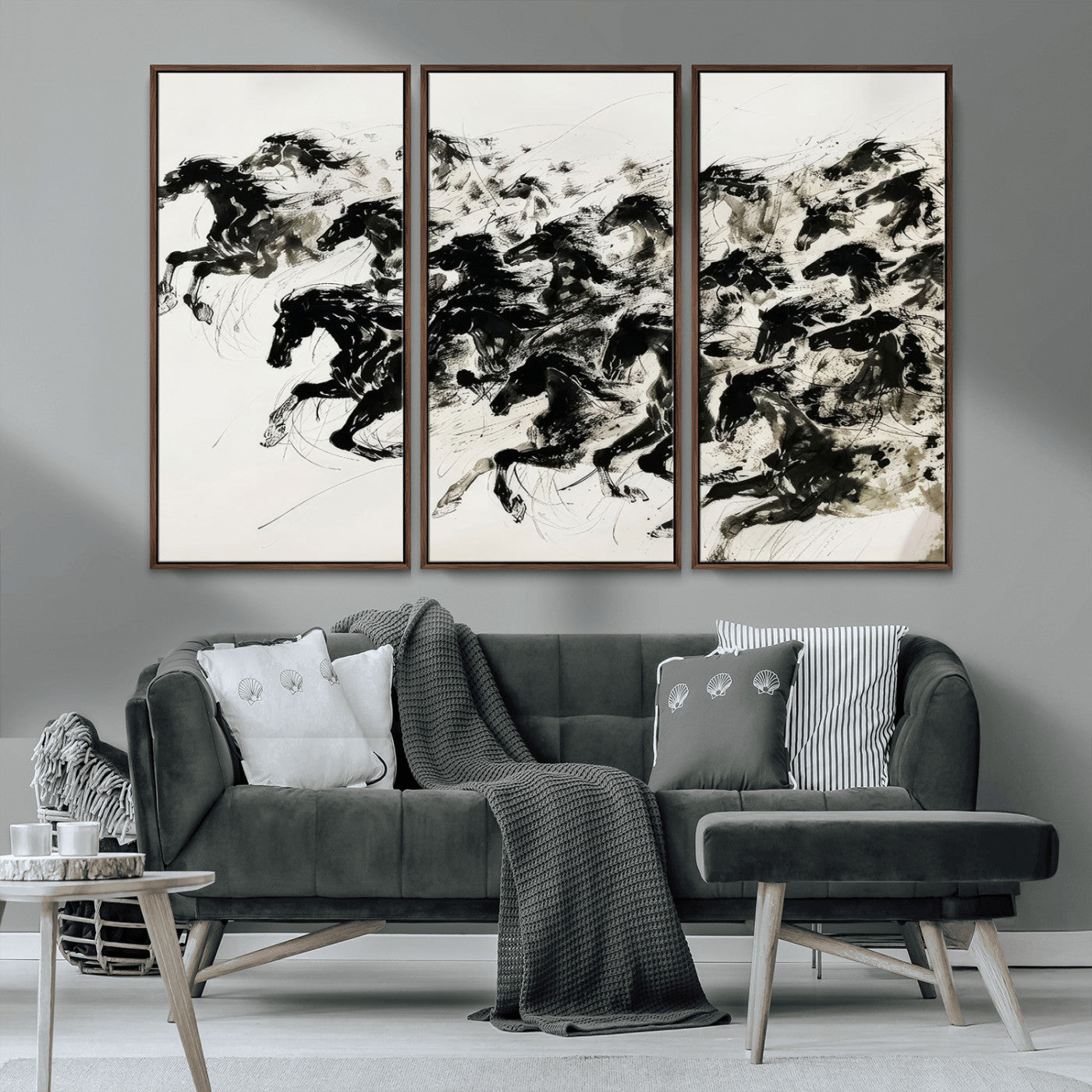 MGV-FC-48X32-3P - Abstract Horse Wall Art Canvas Print - Dynamic Black Ink Horse Print - Modern Equine Wall Decor for