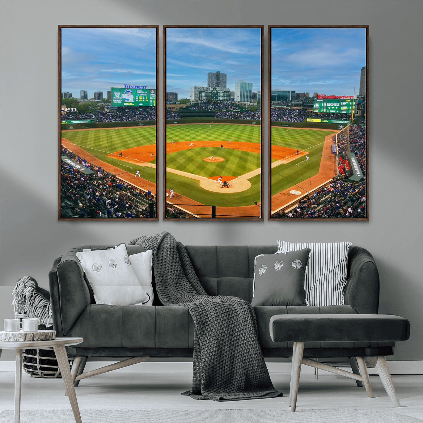 MGV-FC-48X32-3P - Wrigley Field Chicago Cubs Panoramic Multi Piece Canvas Wall Art - Iconic Baseball Stadium Print for