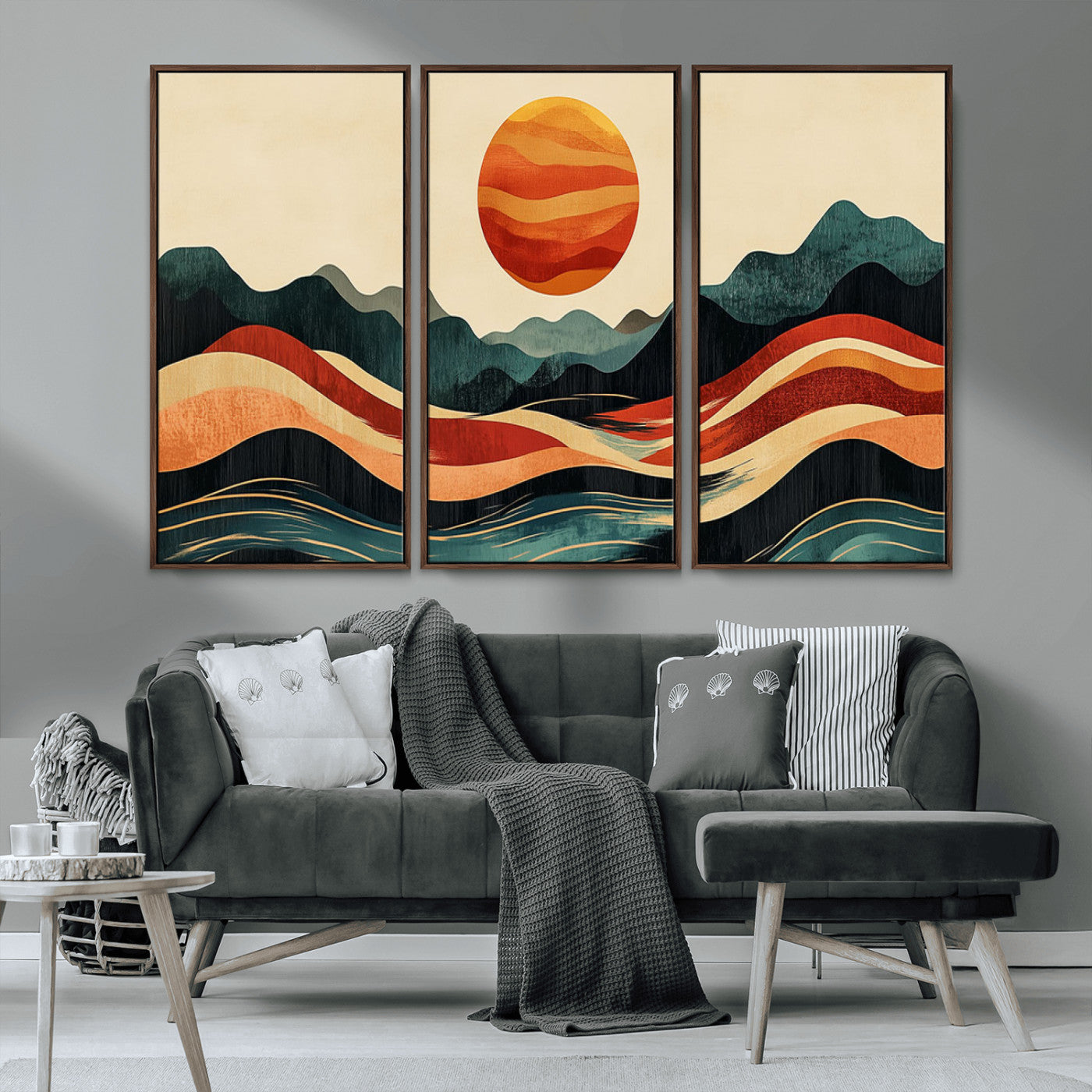 MGV-FC-48X32-3P - Mountain Triptych Wall Art - Western Nature Prints - Framed Boho Pine Tree Canvas for Log Cabin or