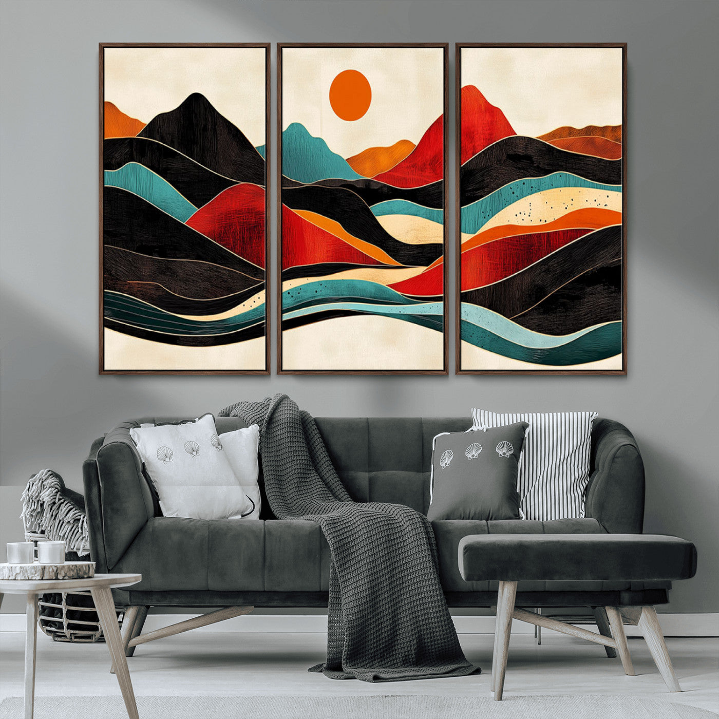MGV-FC-48X32-3P - Western Wall Decor - Large Triptych Mountain Canvas - Boho Woodland Wall Art Print - Framed
