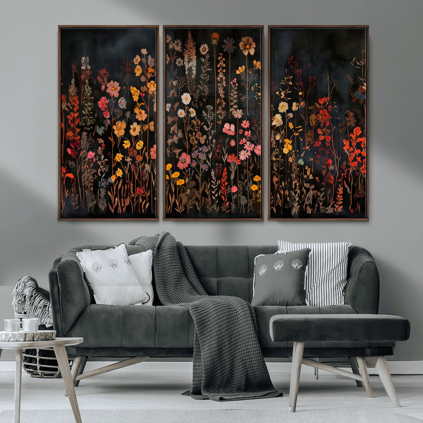 MGV-FC-48X32-3P - Dark Floral Canvas Wall Art - Moody Botanical Flower Print - Rustic Floral Wall Decor for Home -
