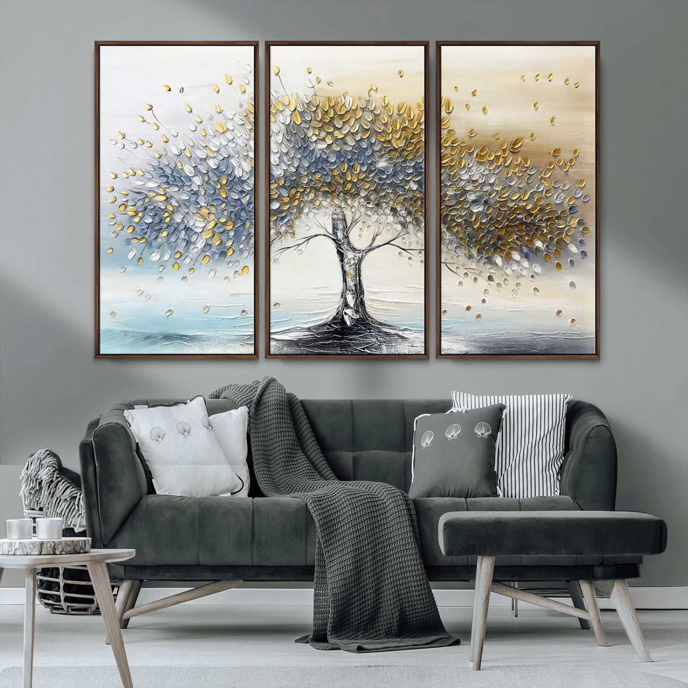 An elegant impasto painting featuring a tree with shimmering silver and gold leaves, blending soft pastels to create a calm and sophisticated atmosphere.