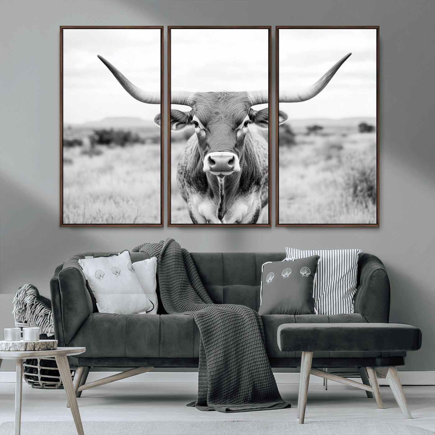 MGV-FC-48X32-3P - Highland Cow Wall Art Print - Black and White Texas Western Longhorn Canvas - Farmhouse Decor Print