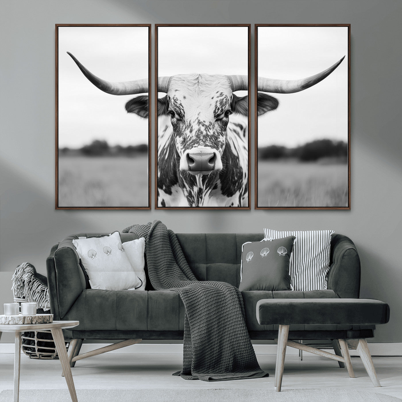 MGV-FC-48X32-3P - Highland Cow Wall Art - Black and White Western Longhorn Canvas Print - Farmhouse Living Room Decor