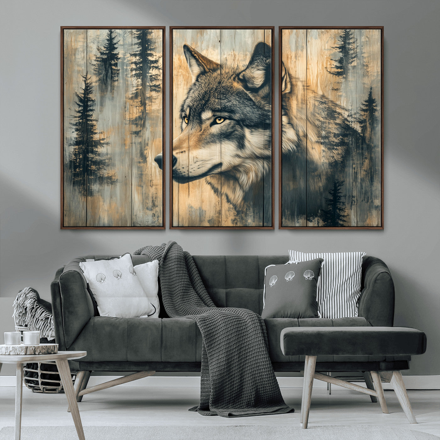 MGV-FC-48X32-3P - Wood Style Rustic Wolf Wall Art Canvas Print, Vintage Woodland Wolf Wall Art, Framed Wood Style Wolf