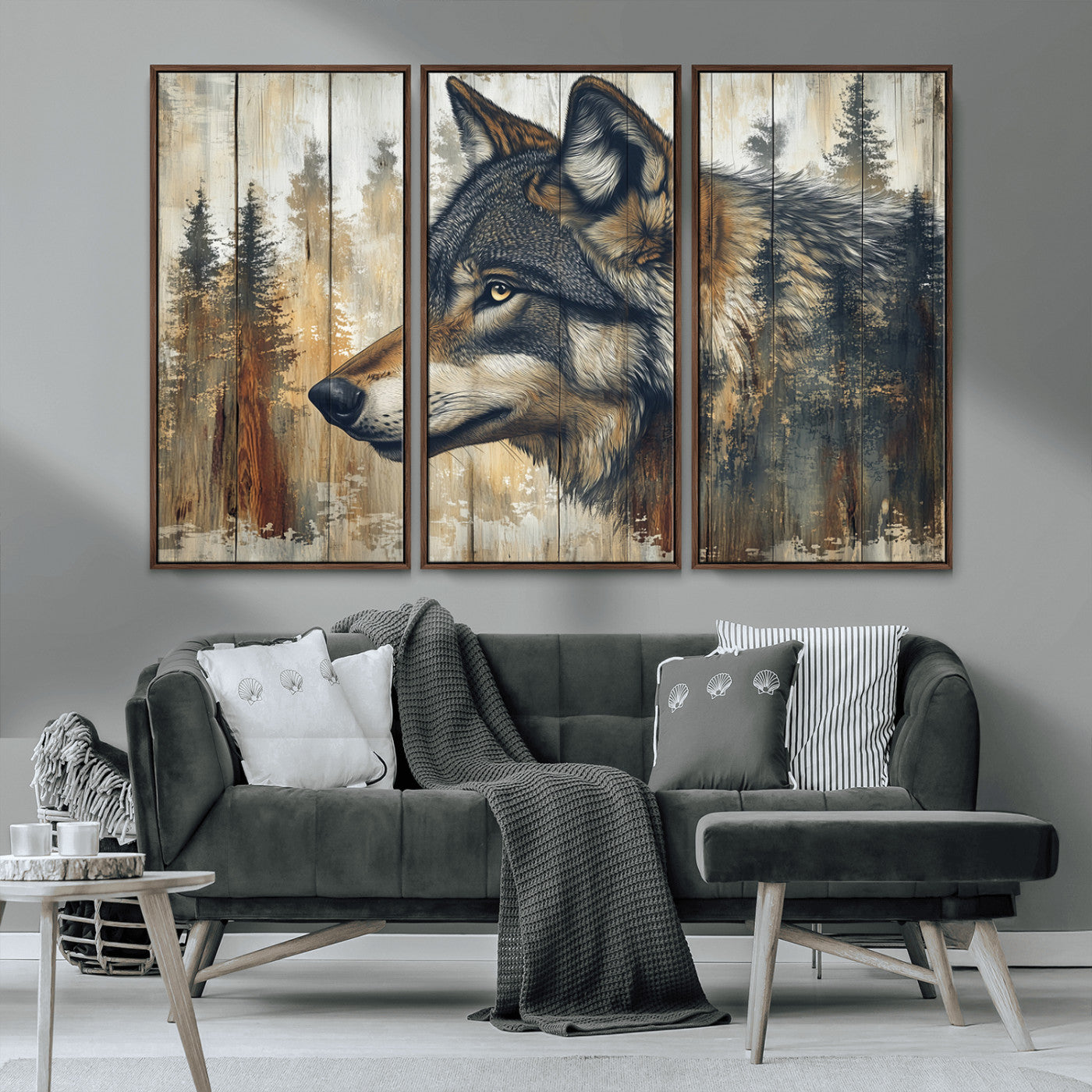 MGV-FC-48X32-3P - Rustic Wolf Wall Art Canvas Print, Vintage Woodland Wolf Wall Art