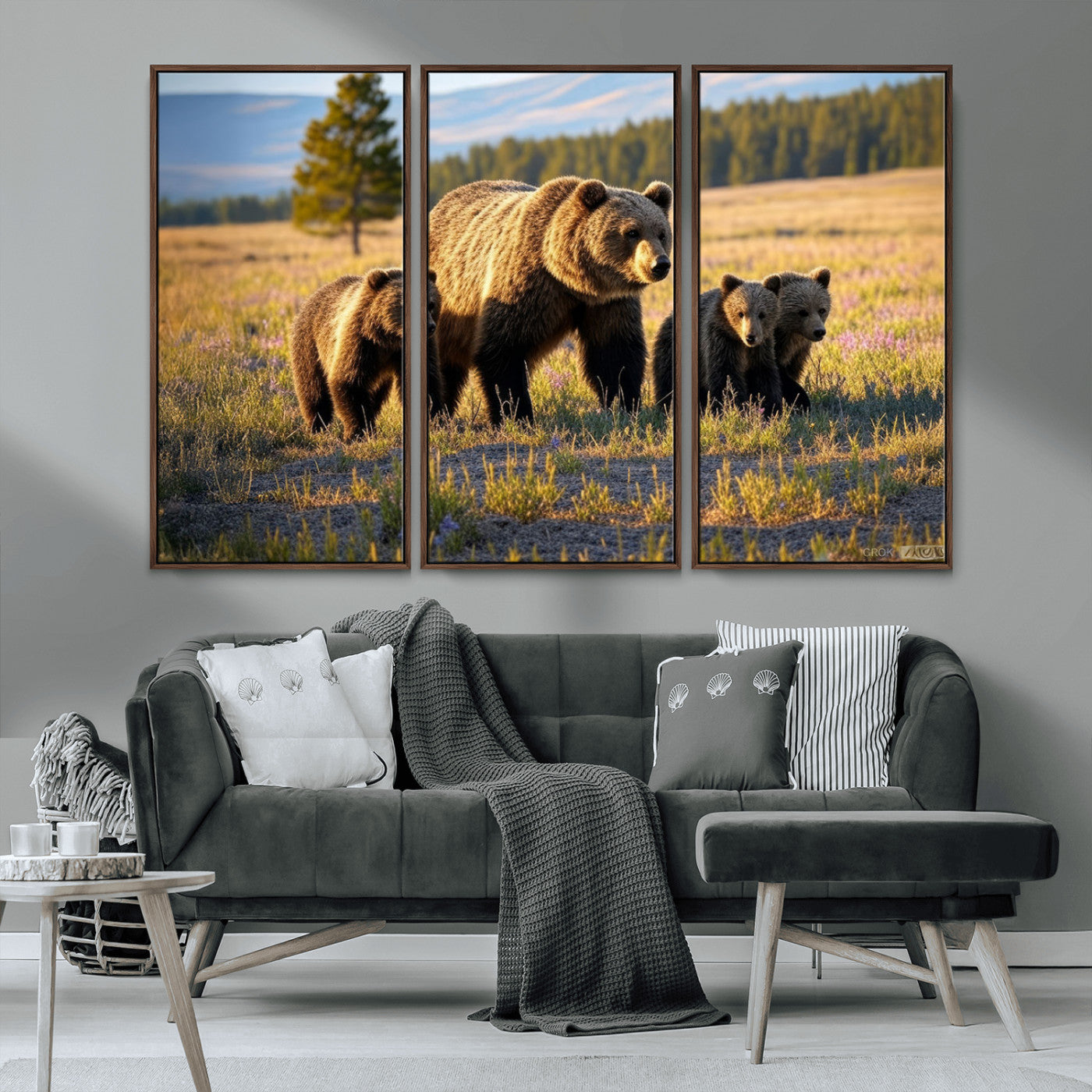 MGV-FC-48X32-3P - Grizzly 399 in Wild Flowers Wall Art Canvas Print, Grizzly Bears Wall Art, Queen of Grand Teton