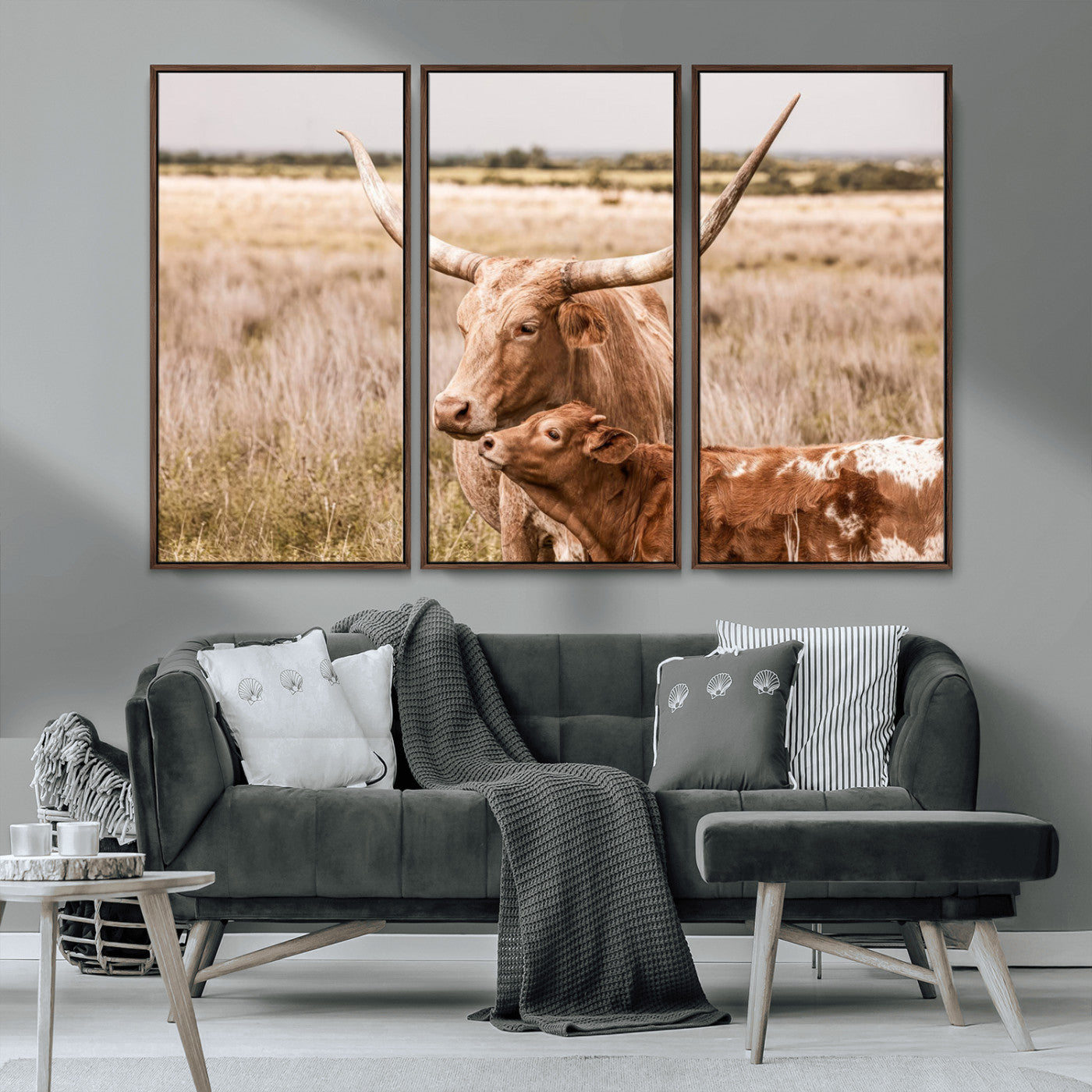 MGV-FC-48X32-3P - Texas Longhorn Cow Wall Art Canvas Print for Farmhouse Wall Art, Texas Decor, Western Wall Art Print