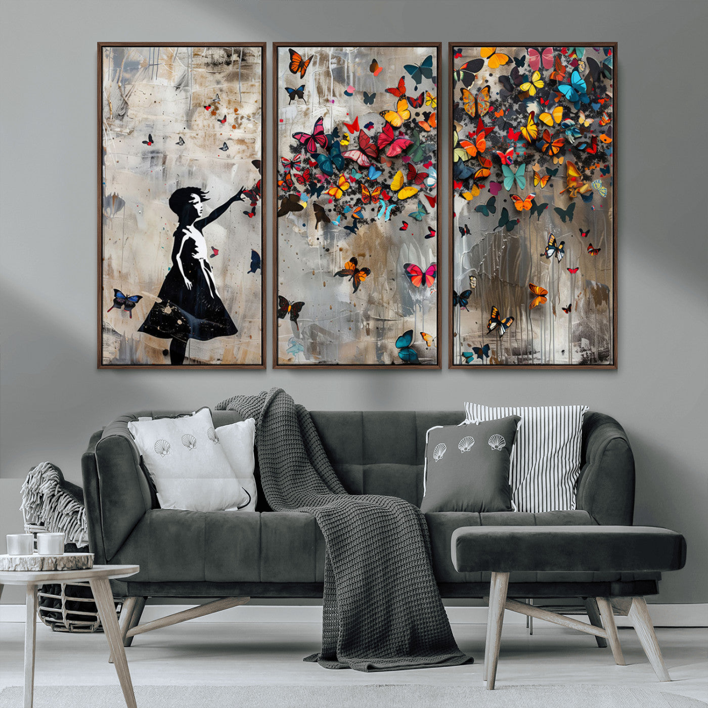 MGV-FC-48X32-3P - Banksy Butterfly Girl Wall Art | 3-Piece Butterfly Girl Canvas