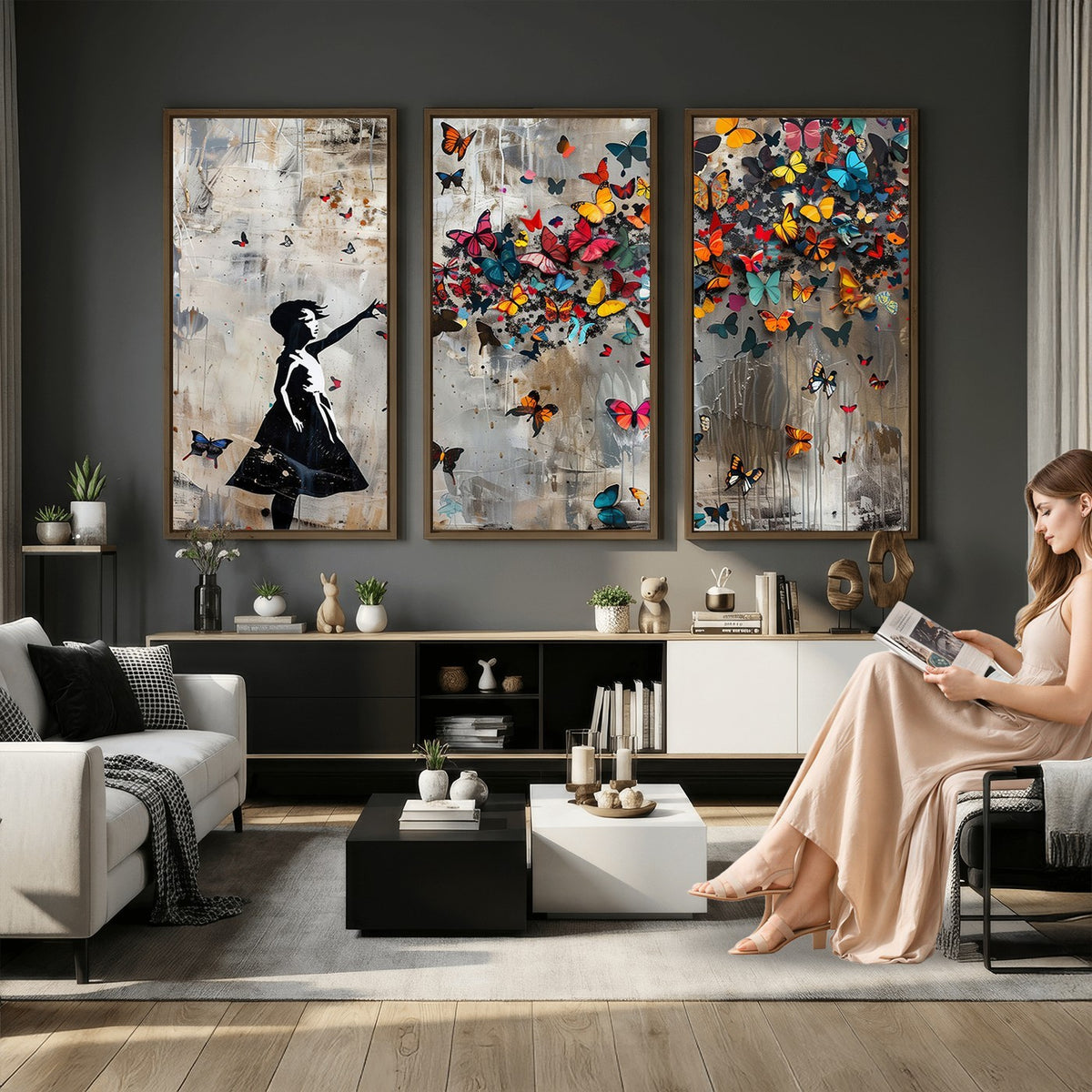 51446D-MGV-CV-24X16 - Banksy Butterfly Girl Wall Art | Modern Graffiti Canvas Print, Street Art Decor
