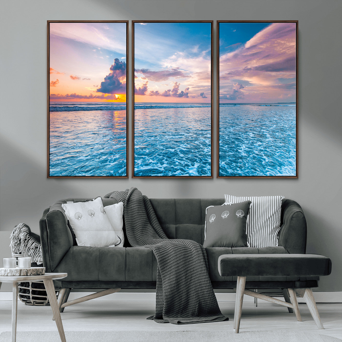MGV-FC-48X32-3P - Ocean Sunset Canvas Wall Art Print - Tranquil Seascape with Vibrant Sky and Rolling Waves Canvas
