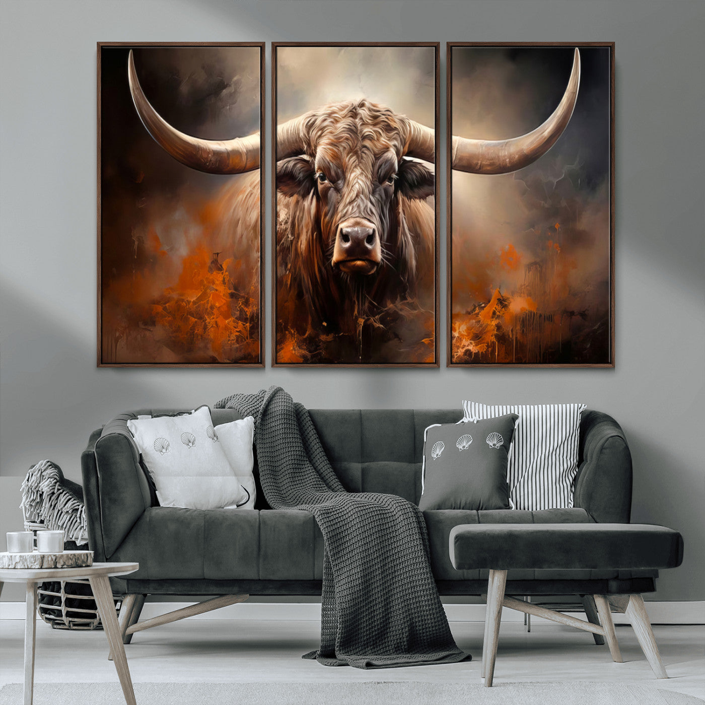 MGV-FC-48X32-3P - Highland Bull Canvas Abstract Canvas Wall Art Print – Powerful Highland Bull with Striking Horns in