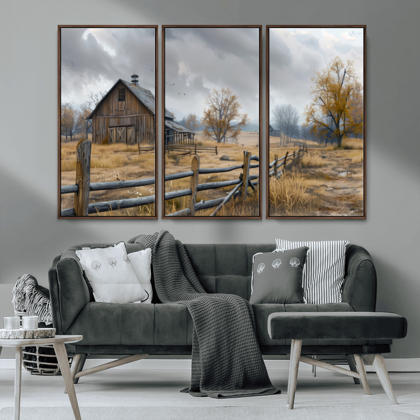 MGV-FC-48X32-3P - Rustic Autumn Farmhouse Wall Art Canvas Print – Serene Countryside Scene with Weathered Barn and