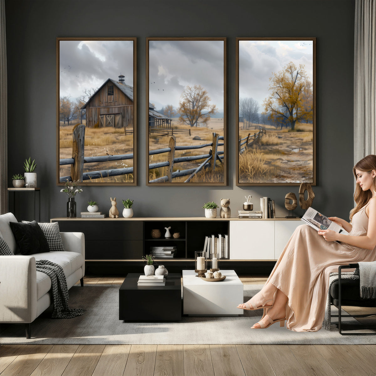 Farm1-MGV-CV-36X24 - Rustic Autumn Farmhouse Wall Art Canvas Print | Serene Countryside with Weathered Barn
