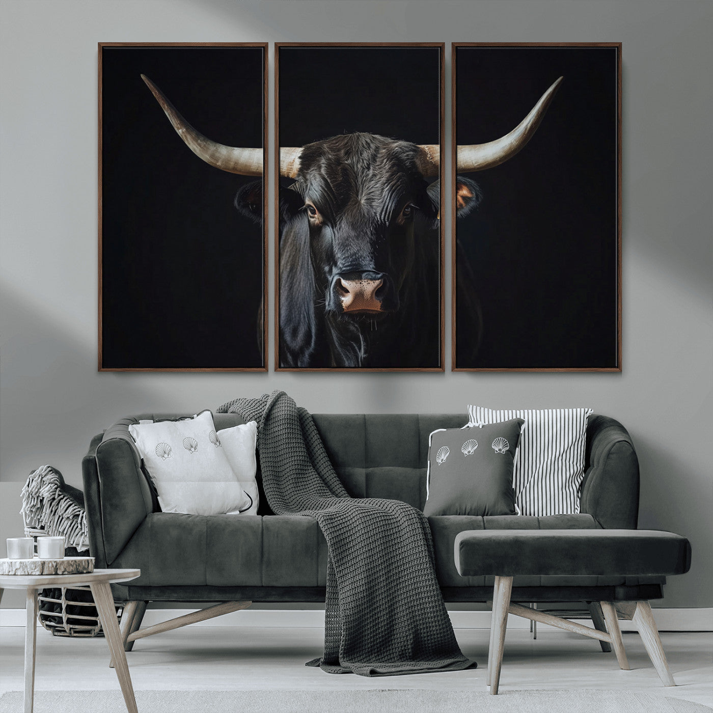 48065167-MGV-CV-36X24-Majestic Longhorn Bull Wall Art Canvas Print – Dark Background Western Ranch Portrait Artwork for Home, Office