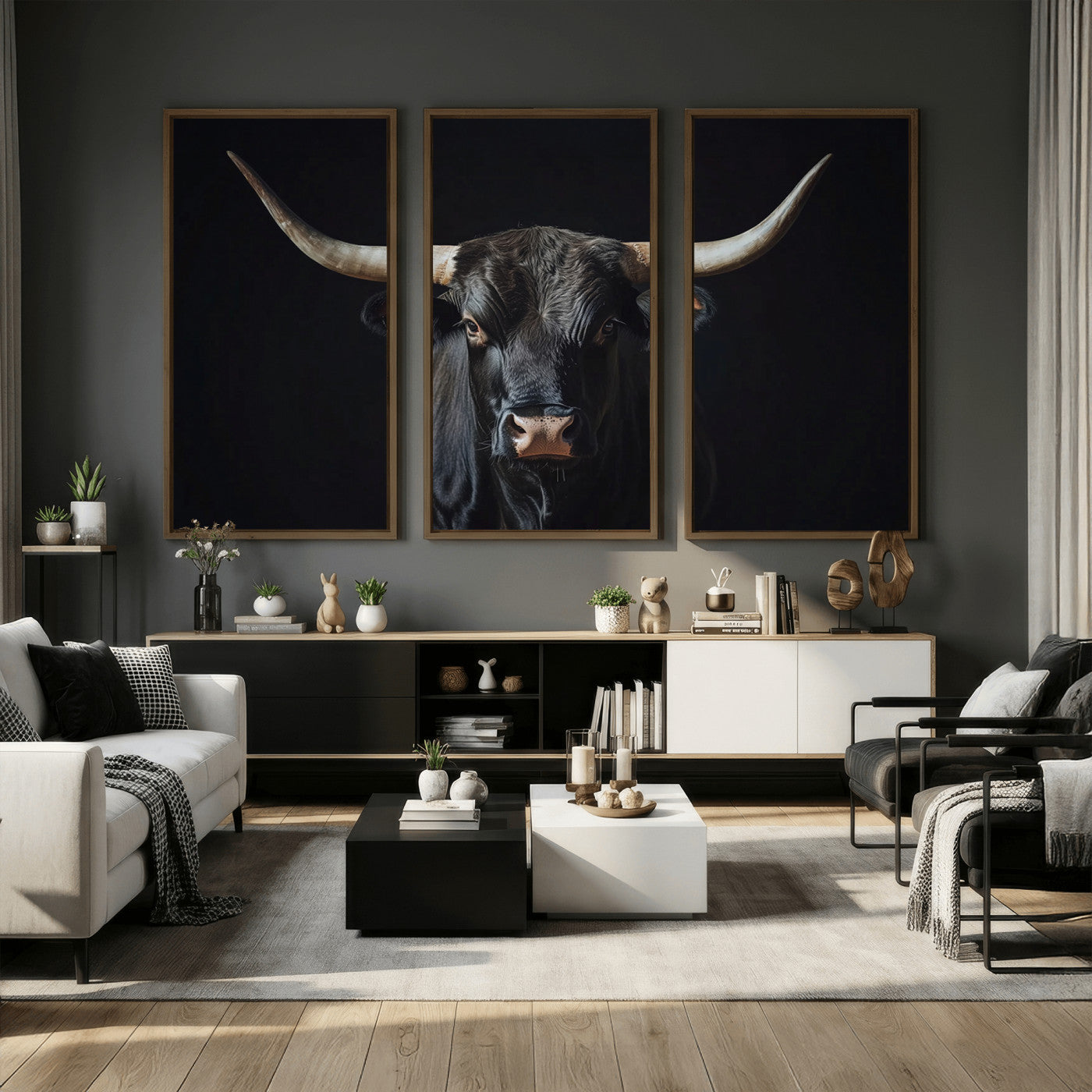 48065167-MGV-CV-36X24 - Texas Longhorn Bull Wall Art Canvas Print – Western Black Bull Art Print for Farmhouse Ranch Decor