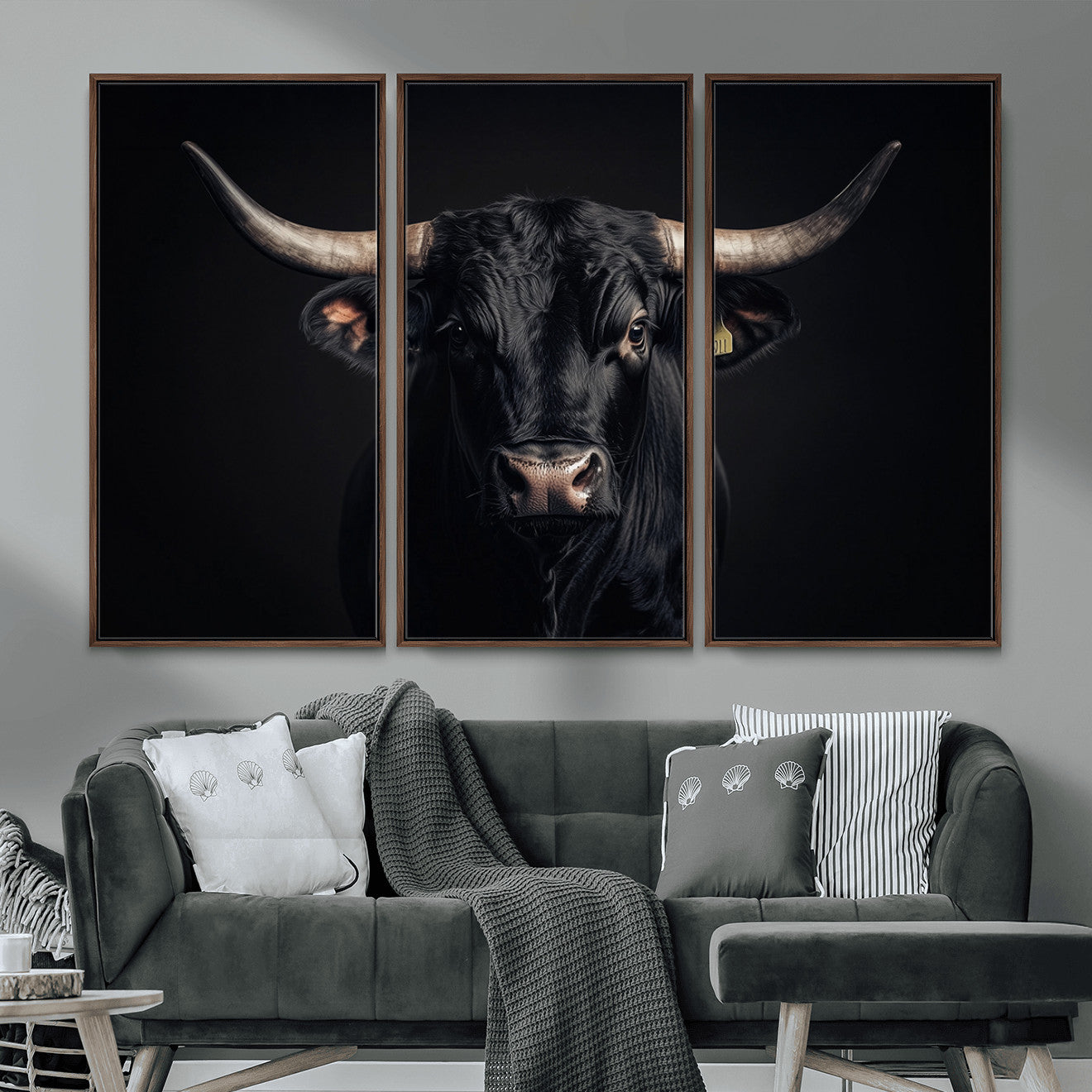 MGV-FC-48X32-3P - Black Bull Wall Art – Framed Horned Bull Canvas Artwork, Western Cattle Design, Rustic Ranch Style Decor for Home, Office